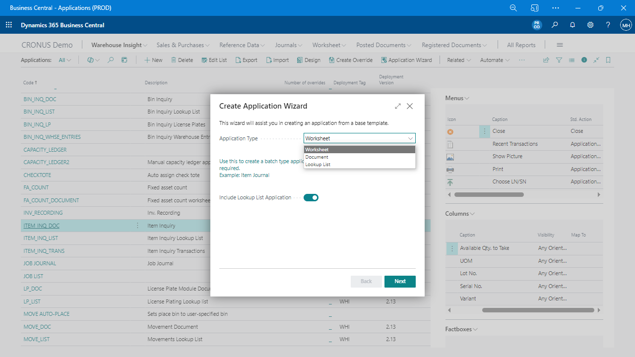 Warehouse Insight Create Application Wizard